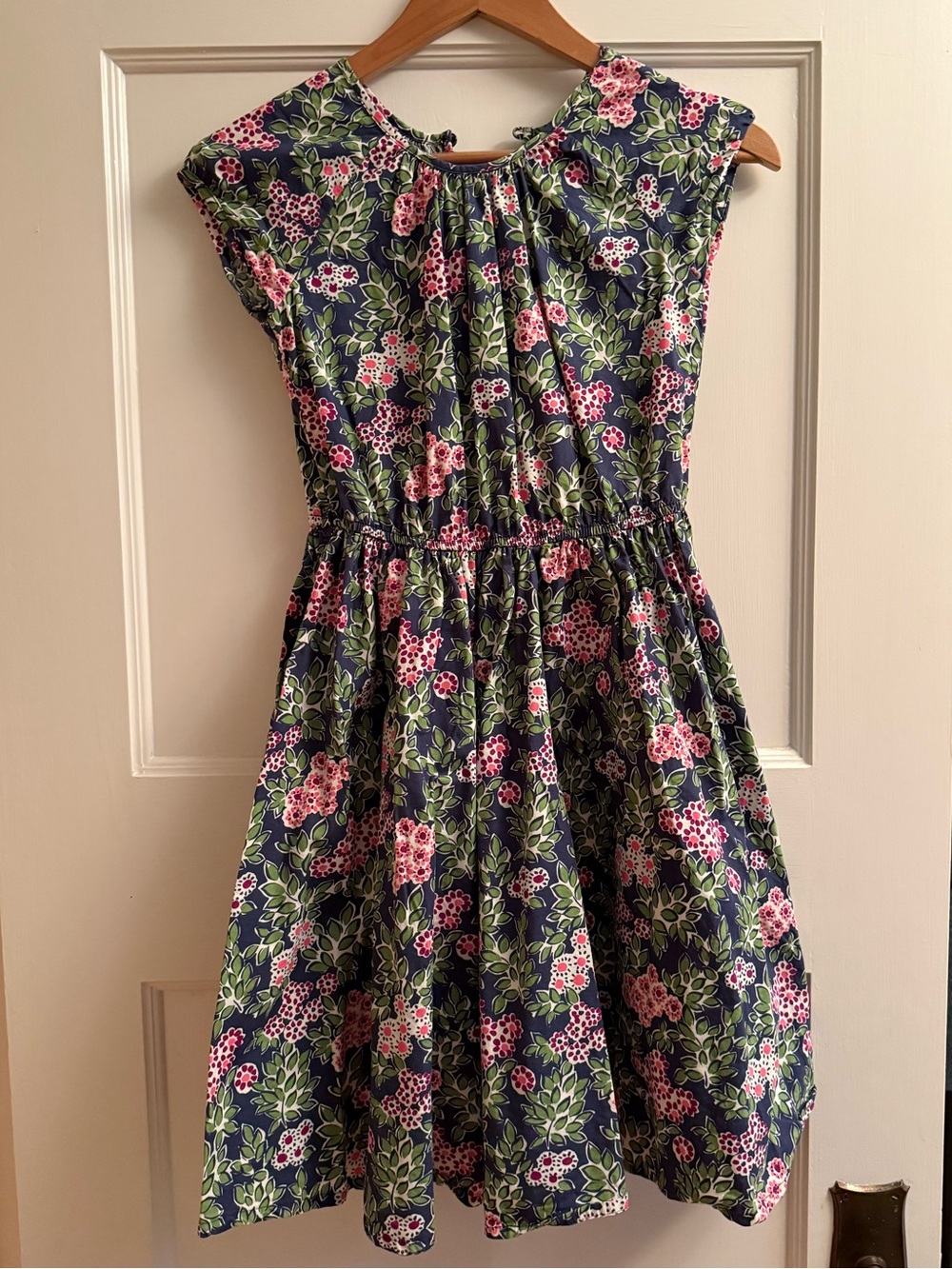 Girls Navy Floral Dress with Pink and Green Print Lands End